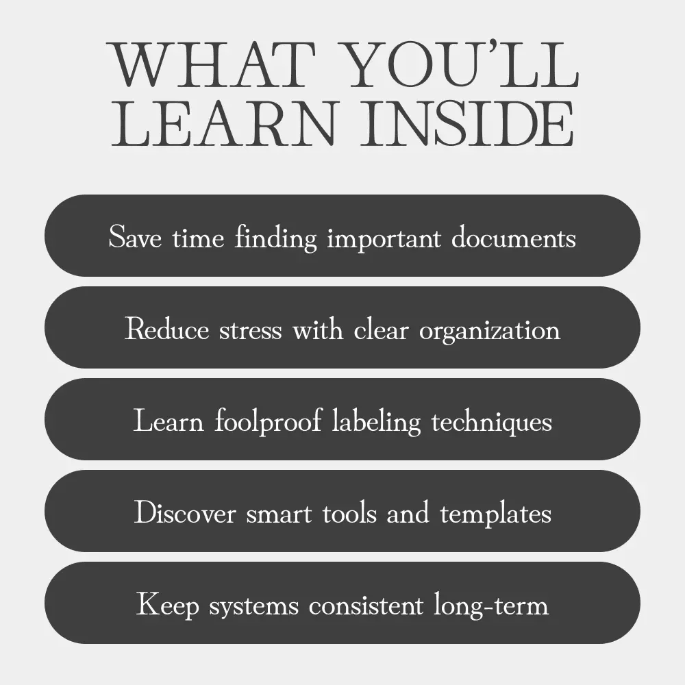 Paper in Order, Mind in Peace – Digital Guide on How to Label Files and Documents | Home Office Organization eBook, Printable Checklist for File Labeling
