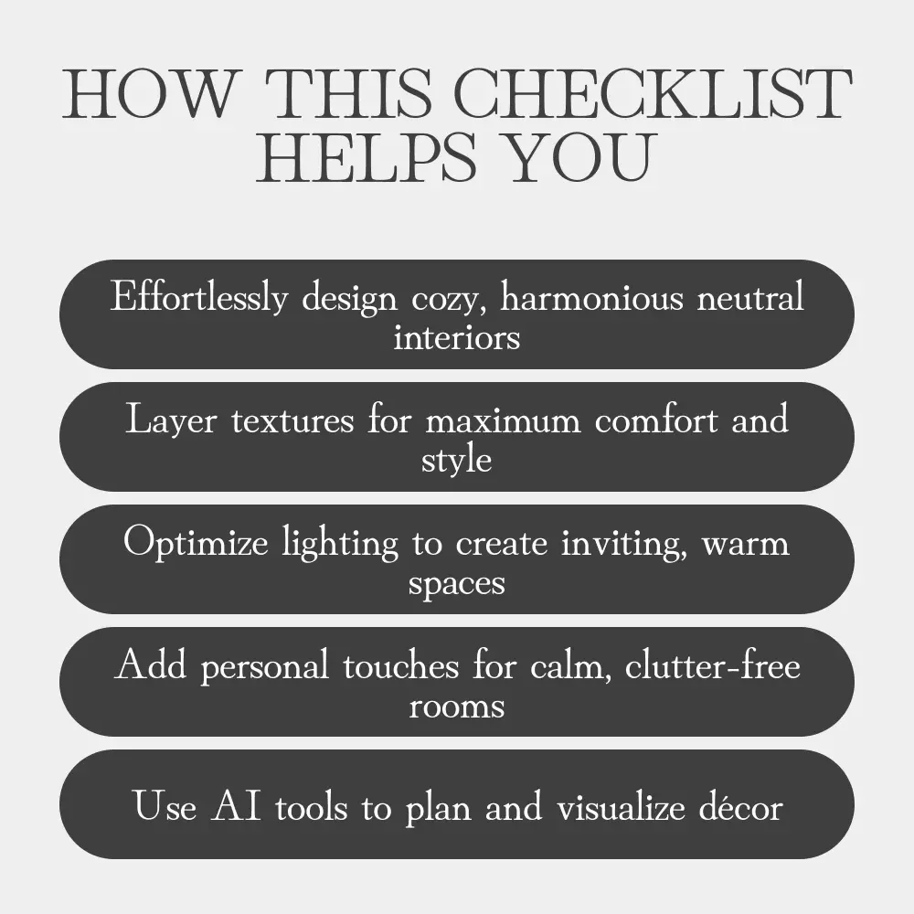 Cozy Neutrals Home Decor Checklist | Digital Download eBook, Guide, and Checklist for Neutral Interiors, Warm Accents, and AI-Powered Home Styling