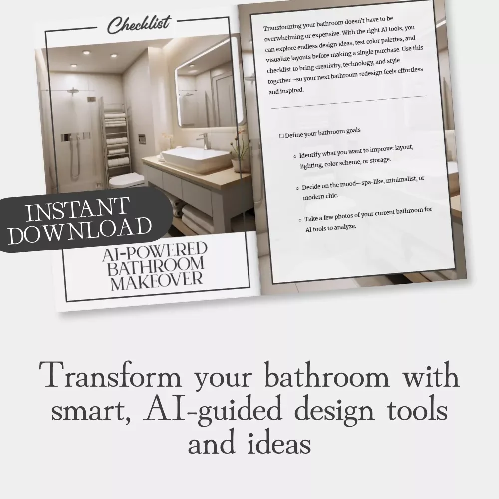 AI-Powered Bathroom Makeover Checklist | Digital Download for Home Decor Lovers | Step-by-Step Guide on How to Use AI for Bathroom Design Ideas | Modern Interior Inspiration Printable