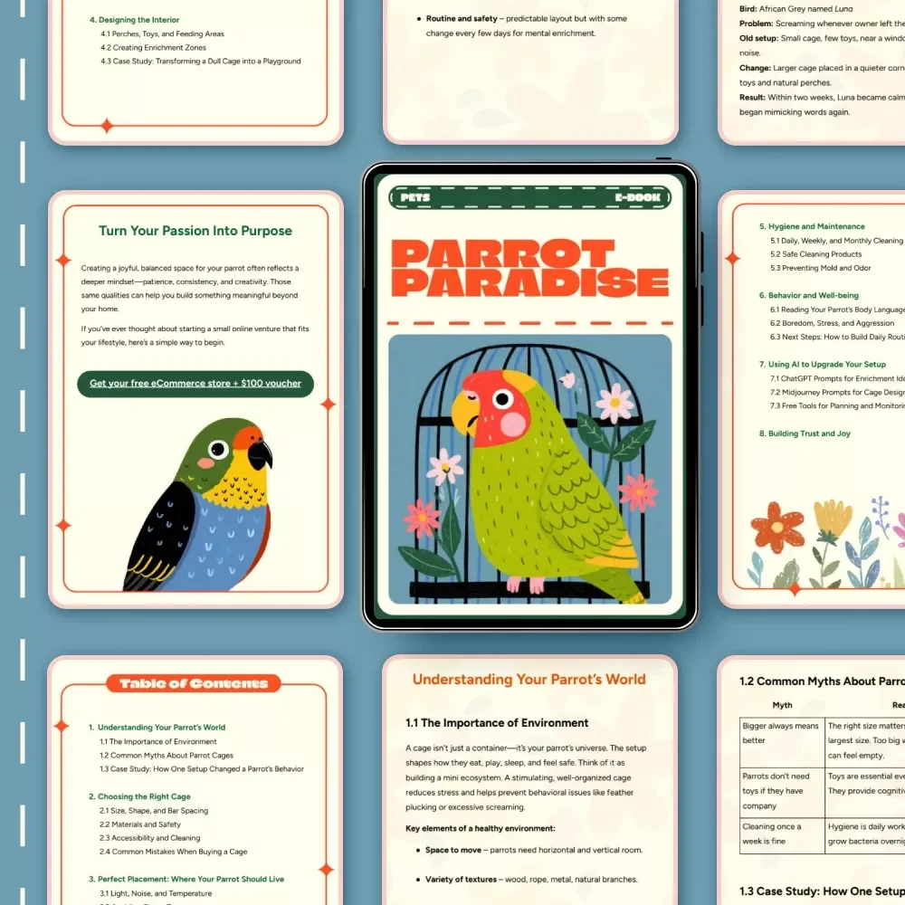Parrot Paradise | Ultimate Parrot Care Guide, Digital eBook for Cage Setup, Parrot Behavior, and Enrichment – Printable PDF for Bird Lovers, Parrot Owners & Pet Care Enthusiasts
