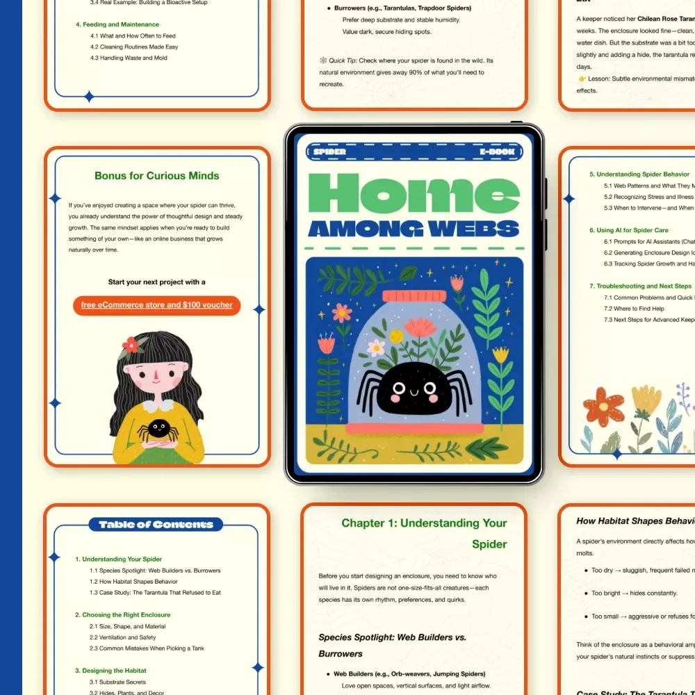 Home Among Webs | Ultimate Spider Care Guide eBook | Digital Download for Tarantula, Jumping Spider, and Exotic Pet Keepers | Enclosure Setup, Feeding, AI Tools & Behavior Guide