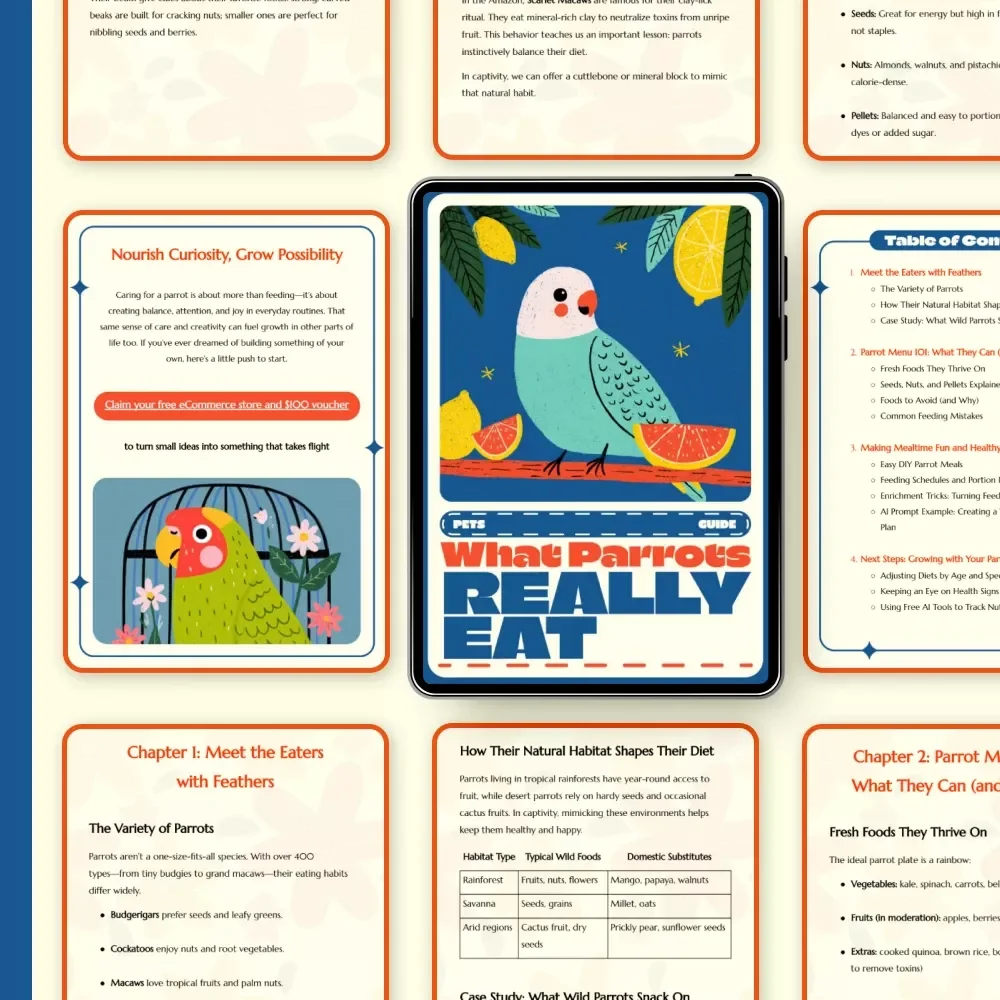 What Parrots Really Eat | Parrot Diet Guide eBook for Parrot Owners | Healthy Parrot Feeding Tips, Foods to Avoid, DIY Parrot Meals & AI Meal Planner | Digital Download for Bird Lovers