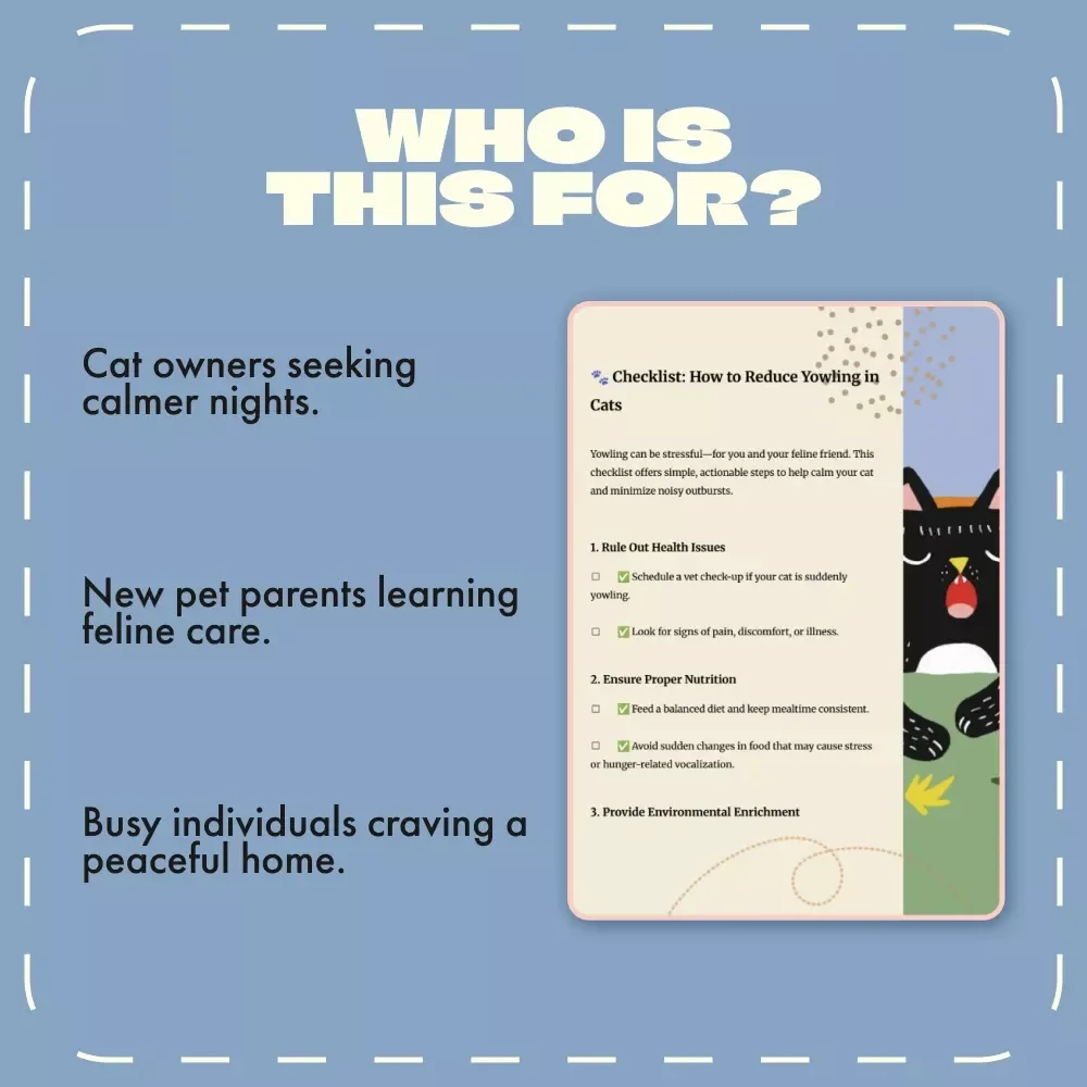 Checklist: How to Reduce Yowling in Cats | Digital Cat Care Guide for Calmer, Happier Felines | Printable Pet Owner Resource
