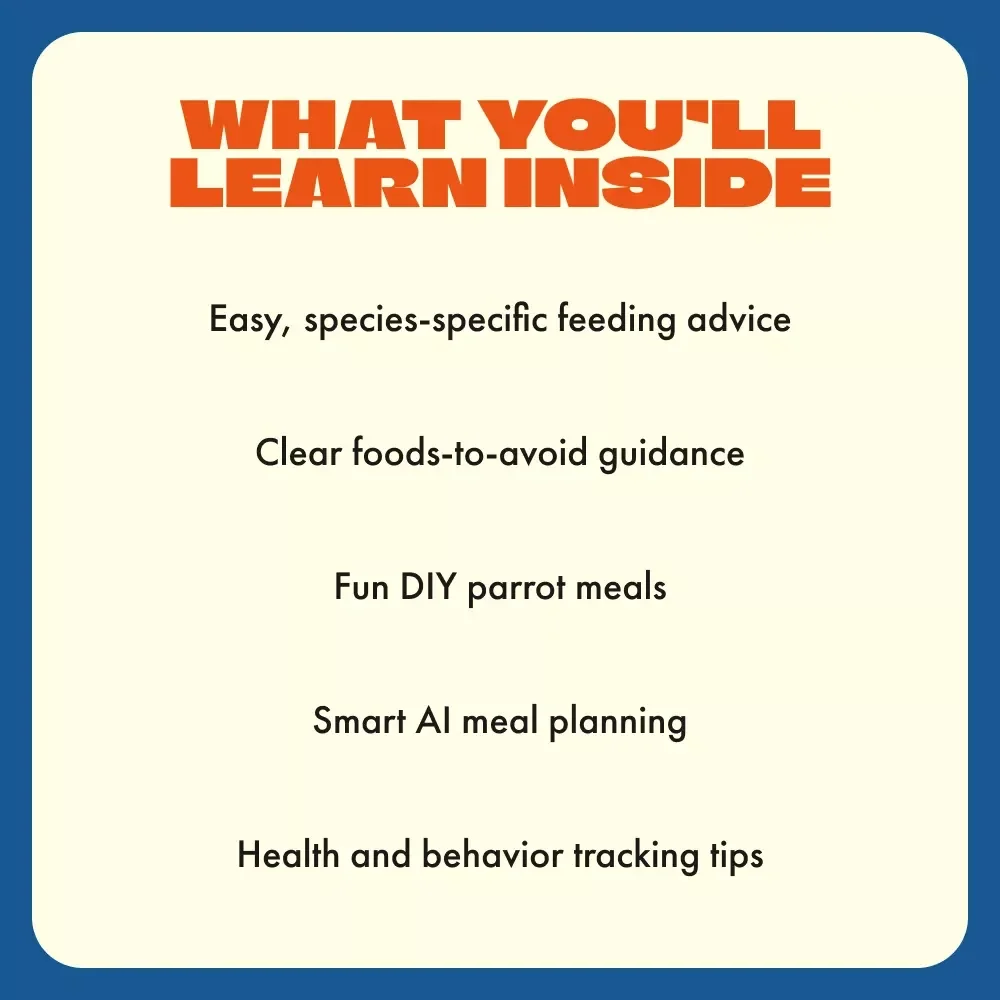 What Parrots Really Eat | Parrot Diet Guide eBook for Parrot Owners | Healthy Parrot Feeding Tips, Foods to Avoid, DIY Parrot Meals & AI Meal Planner | Digital Download for Bird Lovers