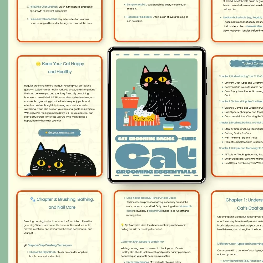 Cat Grooming Essentials | Cat Grooming Basics Digital Guide for Healthy Coats & Happy Cats | Printable Pet Care eBook