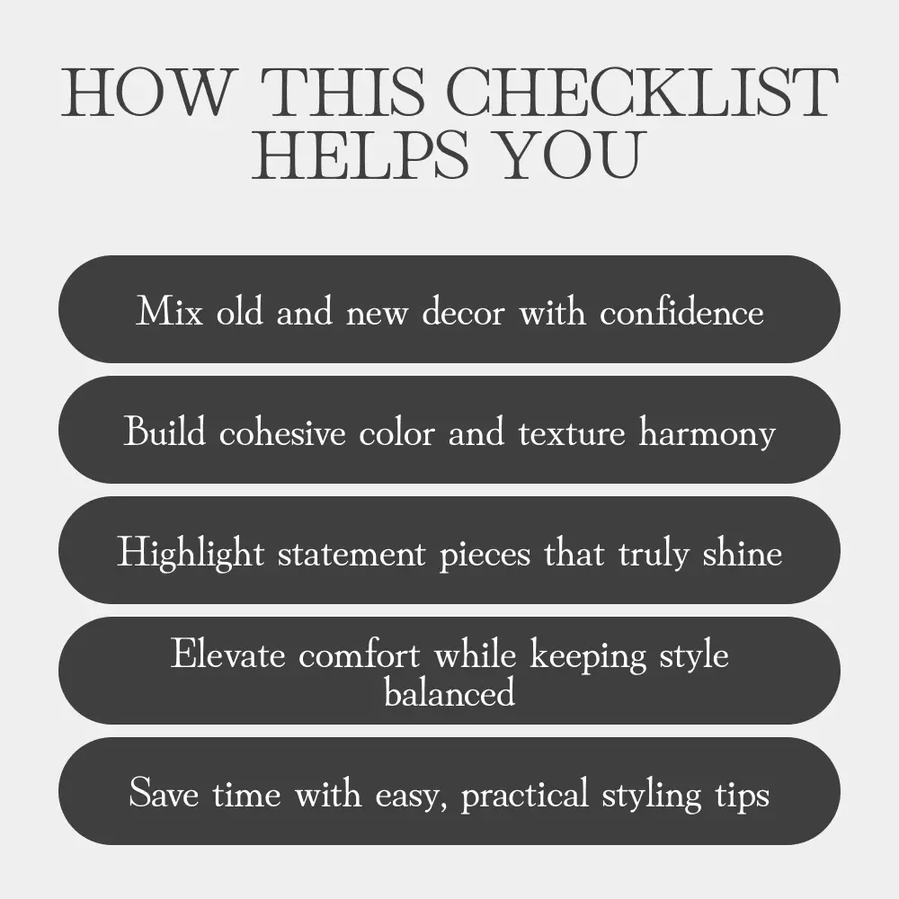 Vintage Meets Modern: Fun & Stylish Home Decor Checklist | Digital Download | Vintage Style Interior Design Guide | Mix Vintage Finds with Modern Decor | Printable Home Styling Resource