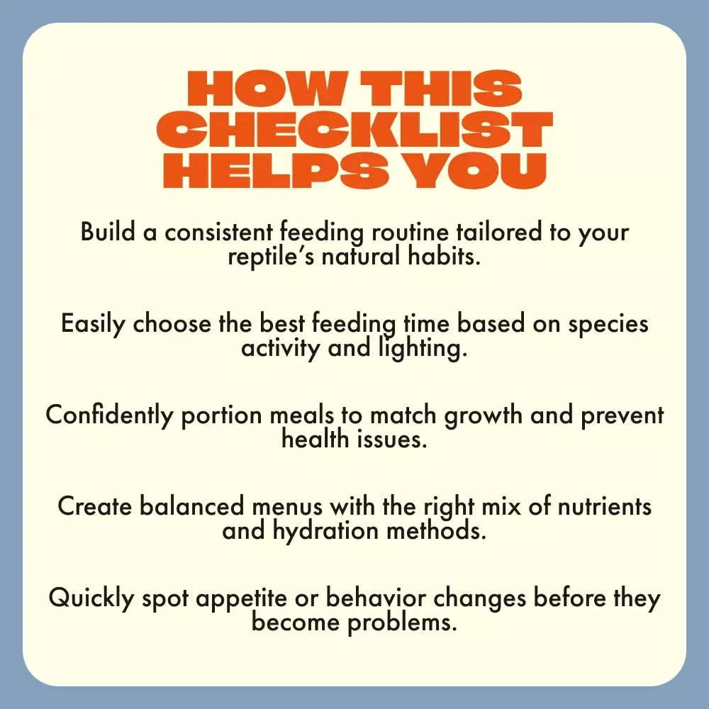 Reptile Mealtime Mastery | Feeding Schedules for Reptiles Checklist | Digital Download Guide for Reptile Owners, Herpetology Enthusiasts & Pet Keepers