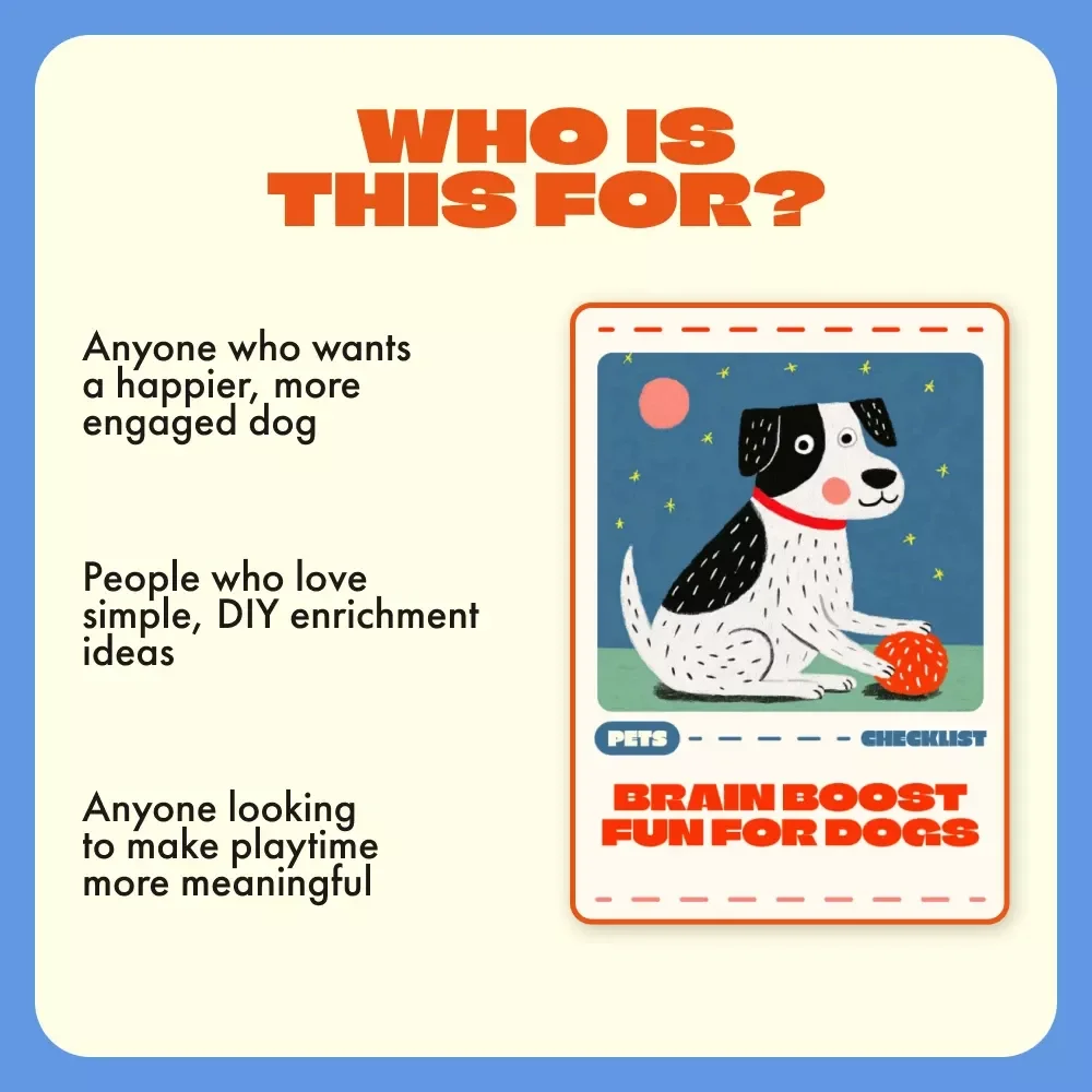 Brain Boost Fun for Dogs | Printable Checklist for Mental Stimulation Games for Dogs | DIY Dog Enrichment Activities & Training Ideas for Smarter Playtime