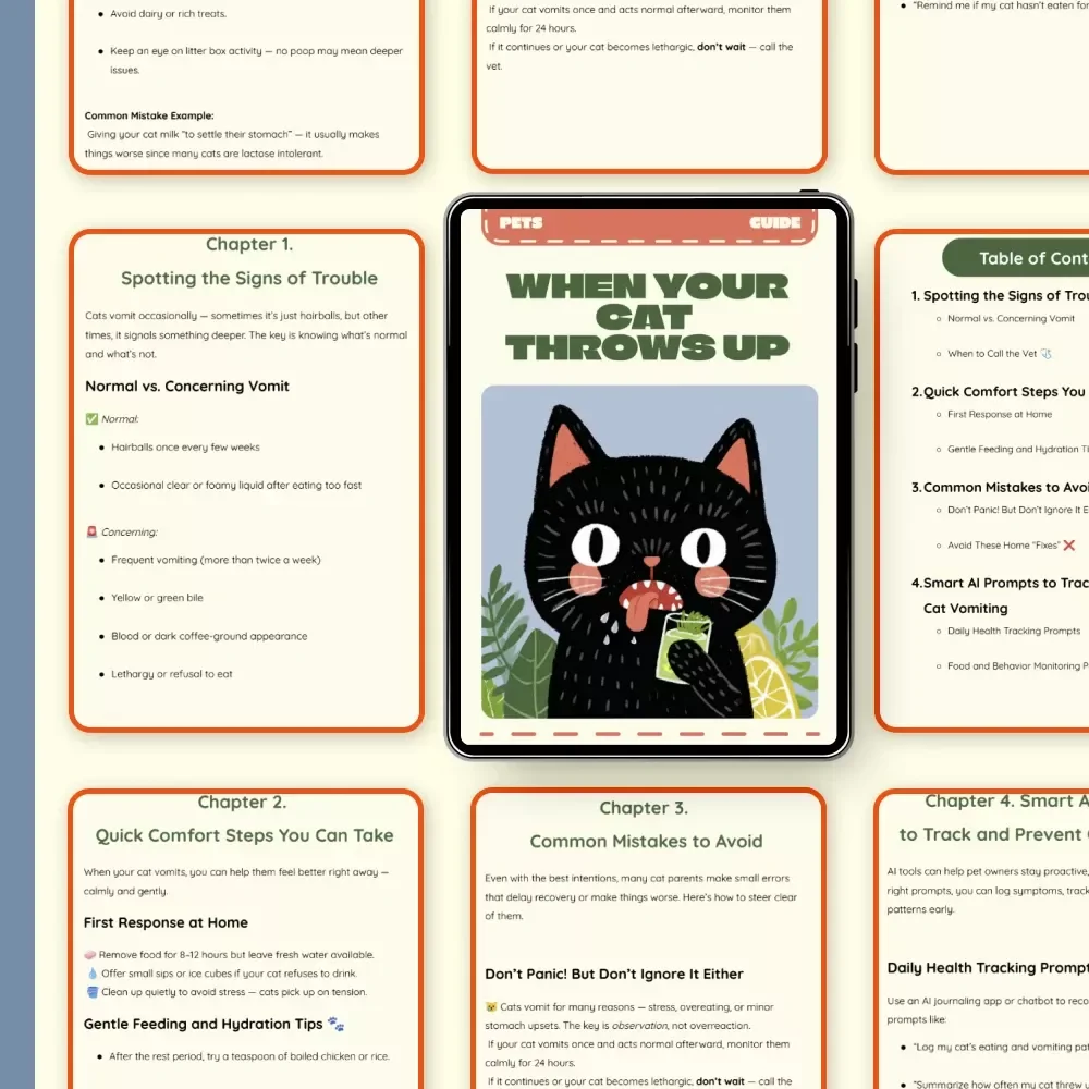 When Your Cat Throws Up | Cat Is Vomiting How to Help | Digital Guide for Cat Parents | Vet-Approved Home Tips & AI Prompts to Track and Prevent Vomiting | Printable Cat Care eBook