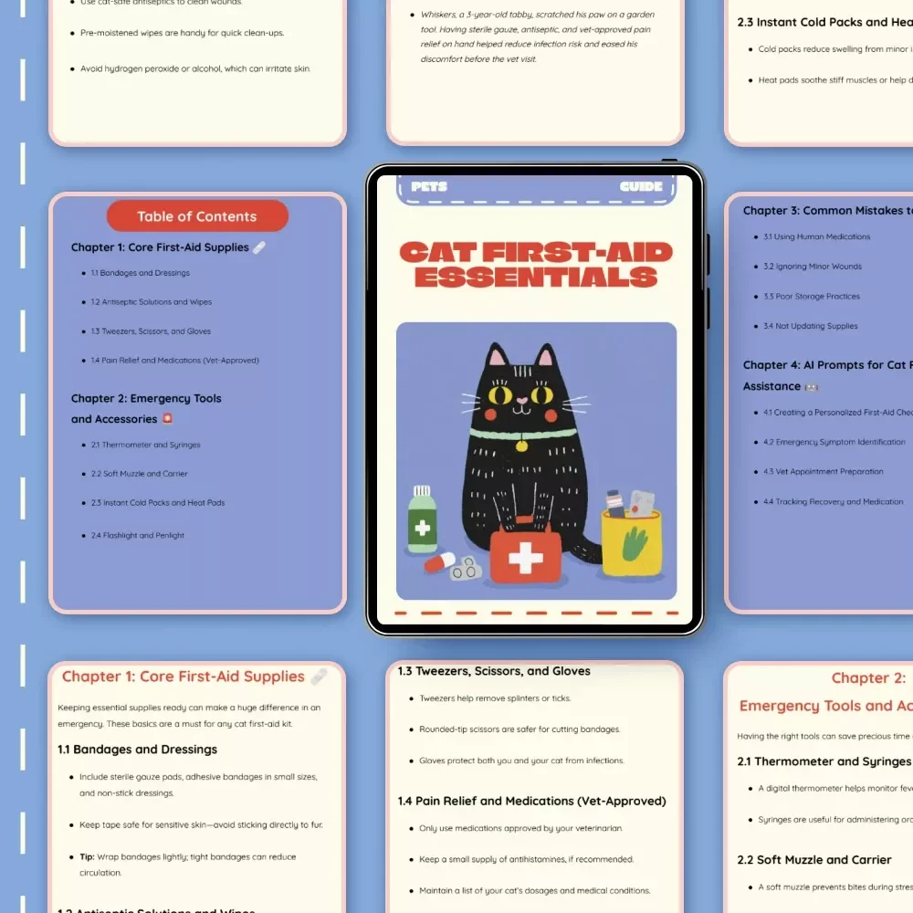 Cat First-Aid Essentials | Digital Guide for Cat Owners | Must-Have Items for a Cat First-Aid Kit | Printable eBook for Pet Safety