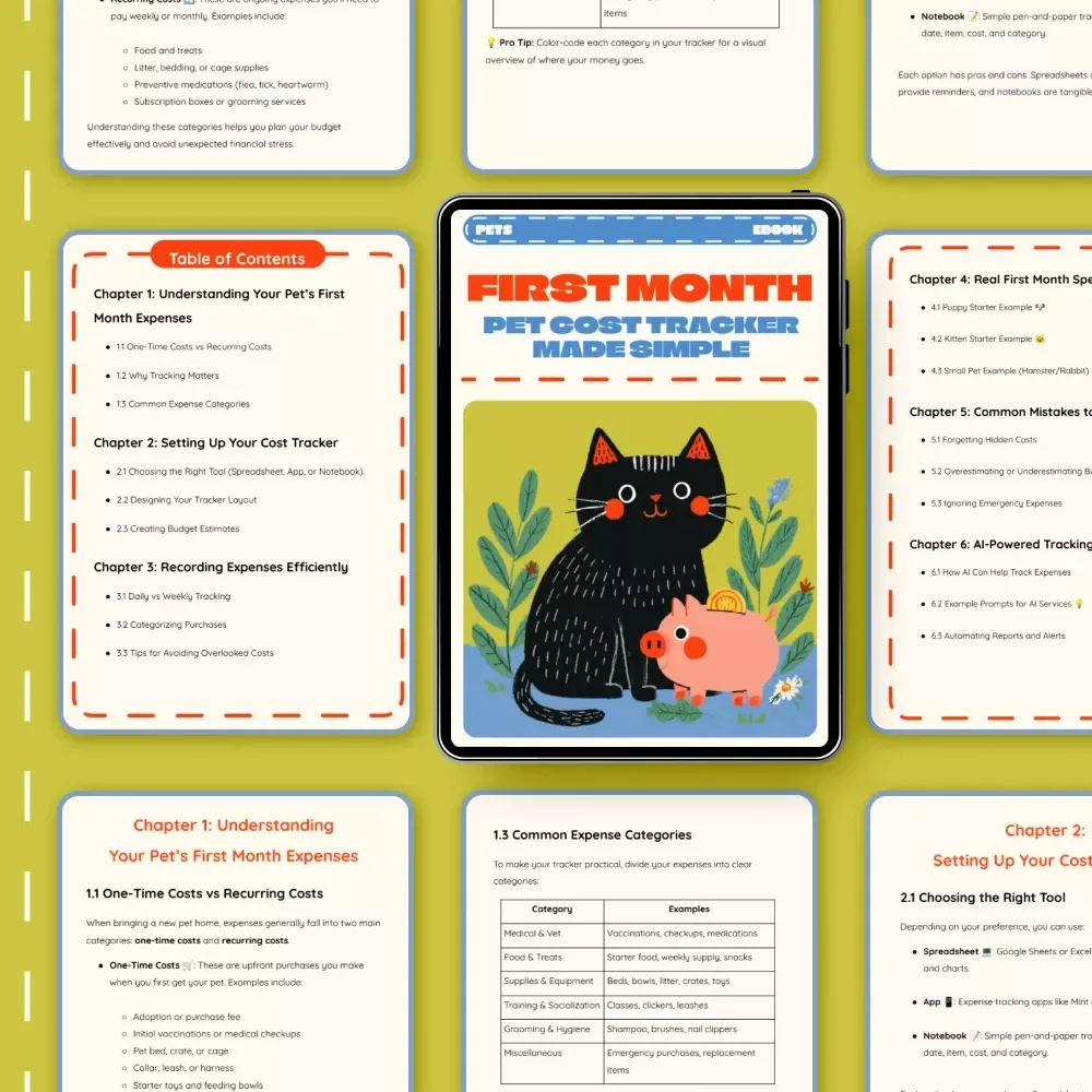 First Month Pet Cost Tracker Made Simple | Digital eBook Guide | Printable First Month Cost Tracker for Pets | Budget Planner for New Pet Owners