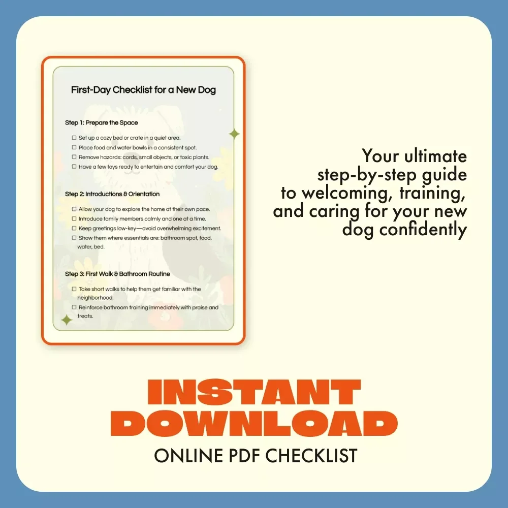 First-Day Checklist for a New Dog | Printable Pet Owner Guide | Digital Download for New Puppy Parents | Step-by-Step First Day Dog Care Routine