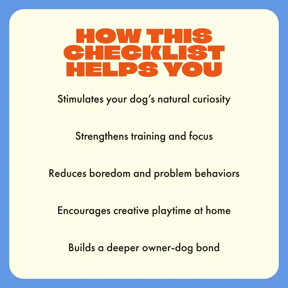 Brain Boost Fun for Dogs | Printable Checklist for Mental Stimulation Games for Dogs | DIY Dog Enrichment Activities & Training Ideas for Smarter Playtime