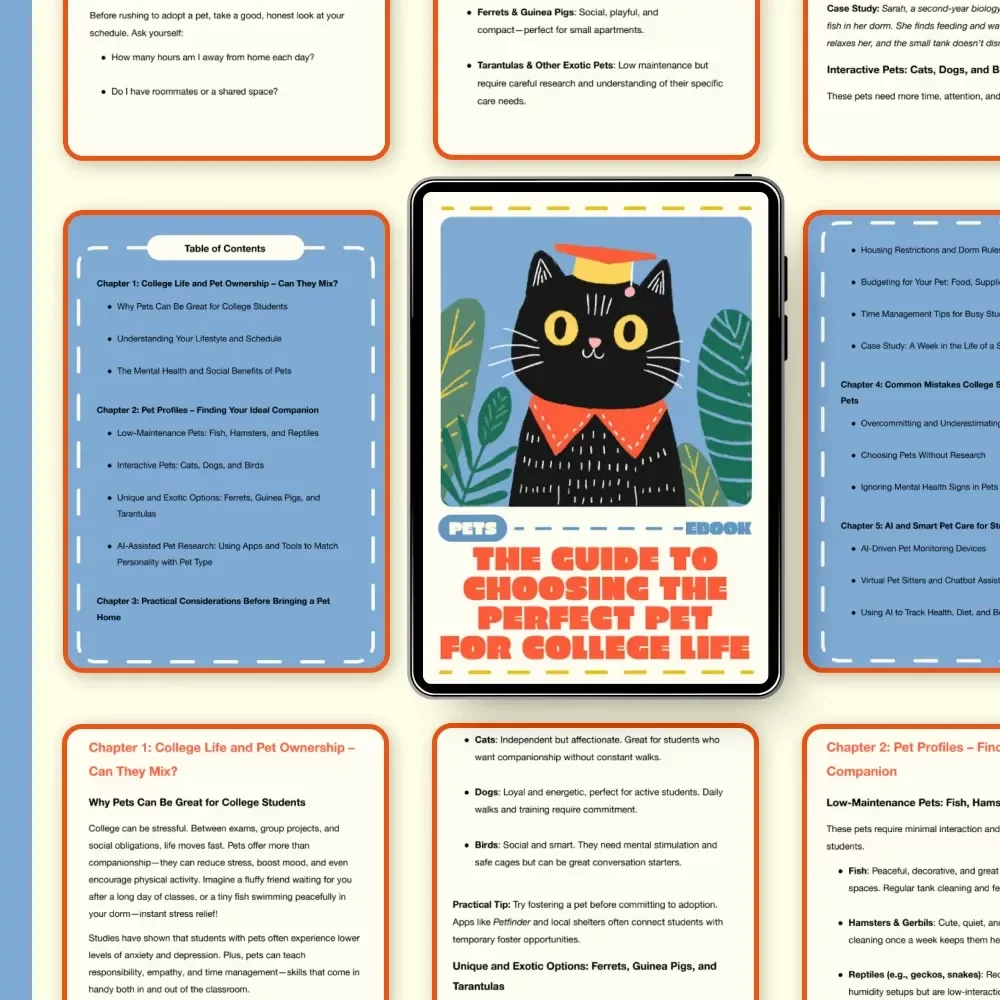 The Guide to Choosing the Perfect Pet for College Life | Digital Download eBook | College Pet Ownership Tips, Student Pet Care Guide, AI Pet Tools & Checklists