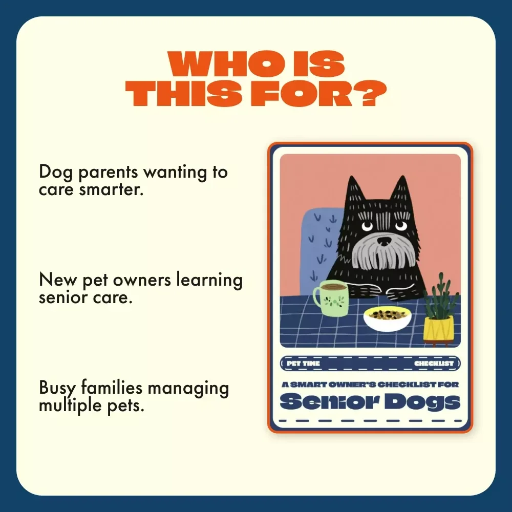 A Smart Owner’s Checklist for Senior Dogs | Digital Pet Care Guide for Aging Pets | Tips for Feeding Senior Dogs | Printable PDF for Dog Lovers