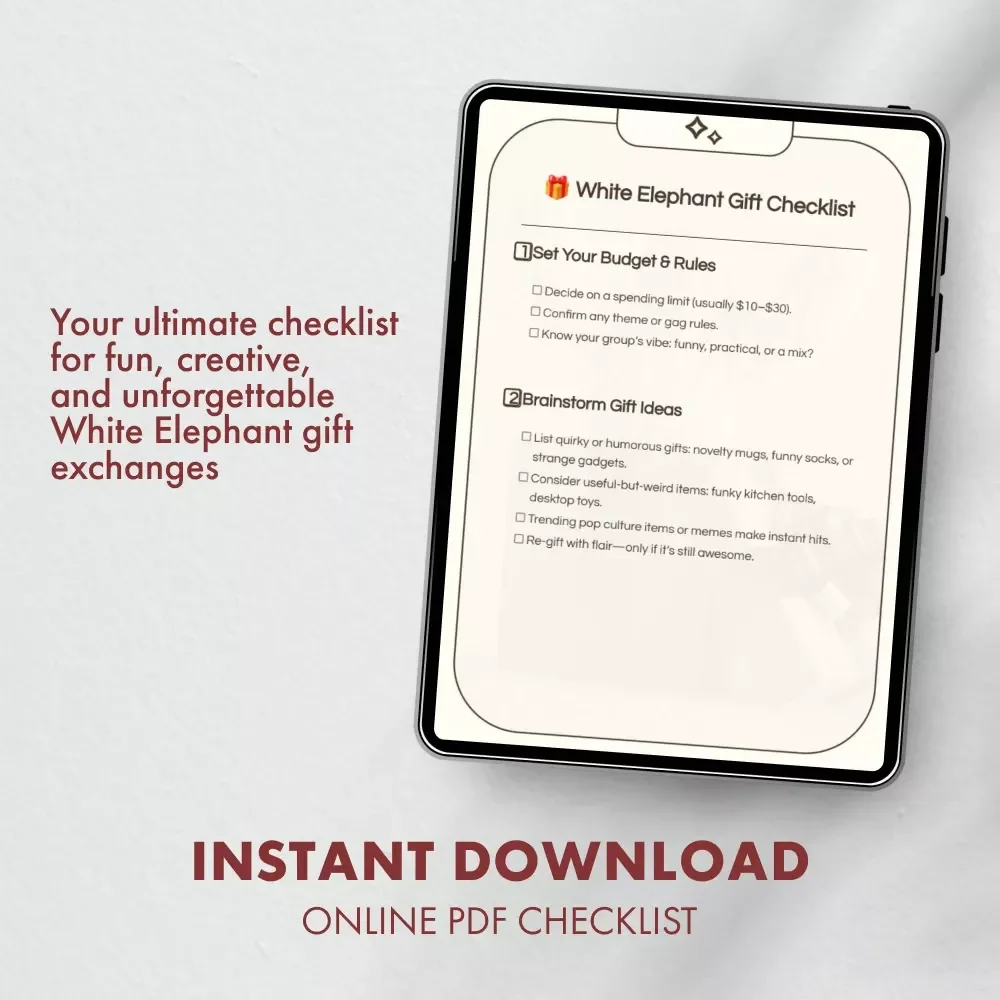 White Elephant Gift Checklist | Printable Holiday Party Planner | Funny White Elephant Gift Ideas for Adults | Digital Download Checklist & eBook