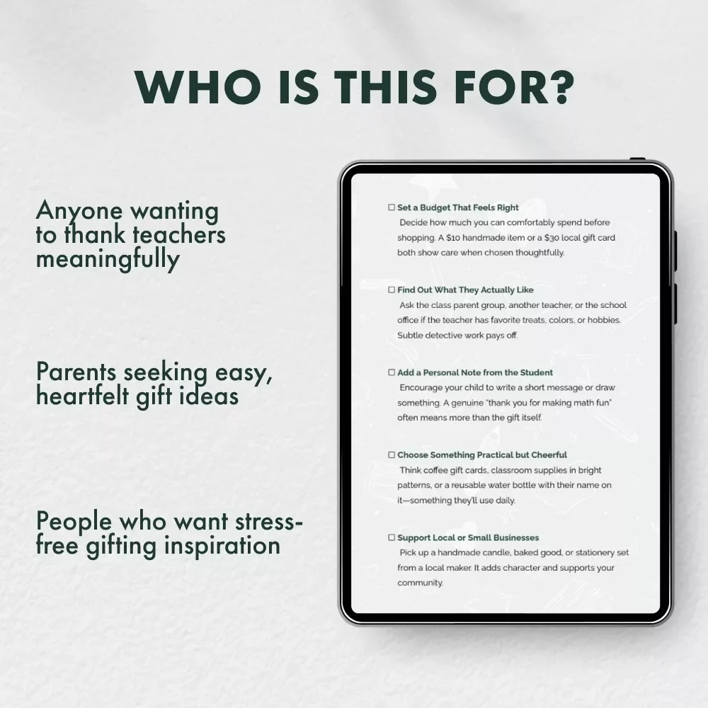 The Thoughtful Teacher Gift Checklist | Printable Thank You Gifts for Teachers | End of Year Teacher Appreciation Digital Download