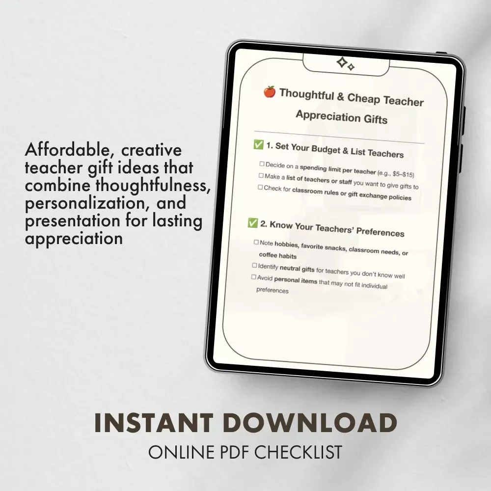 Thoughtful & Cheap Teacher Appreciation Gifts | Printable Checklist for Budget-Friendly Gift Ideas | Digital Download for Teacher Appreciation Week & End-of-Year Gifts