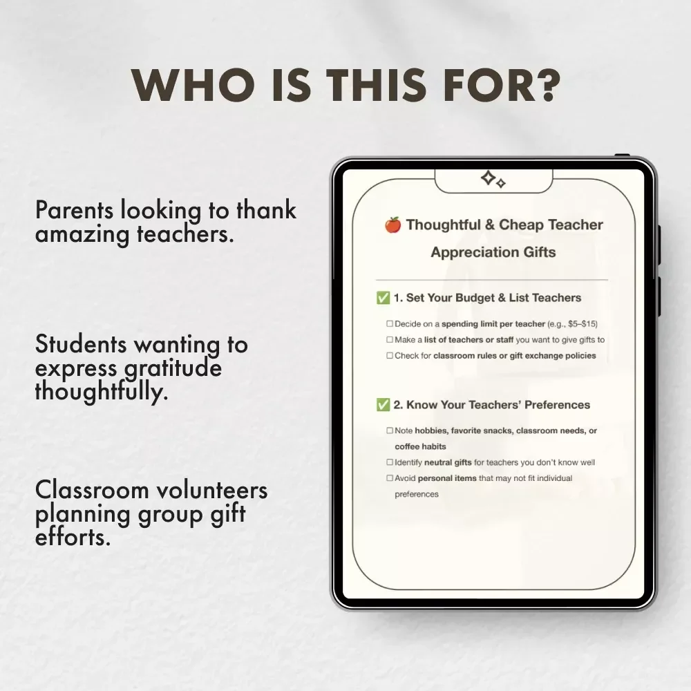 Thoughtful & Cheap Teacher Appreciation Gifts | Printable Checklist for Budget-Friendly Gift Ideas | Digital Download for Teacher Appreciation Week & End-of-Year Gifts