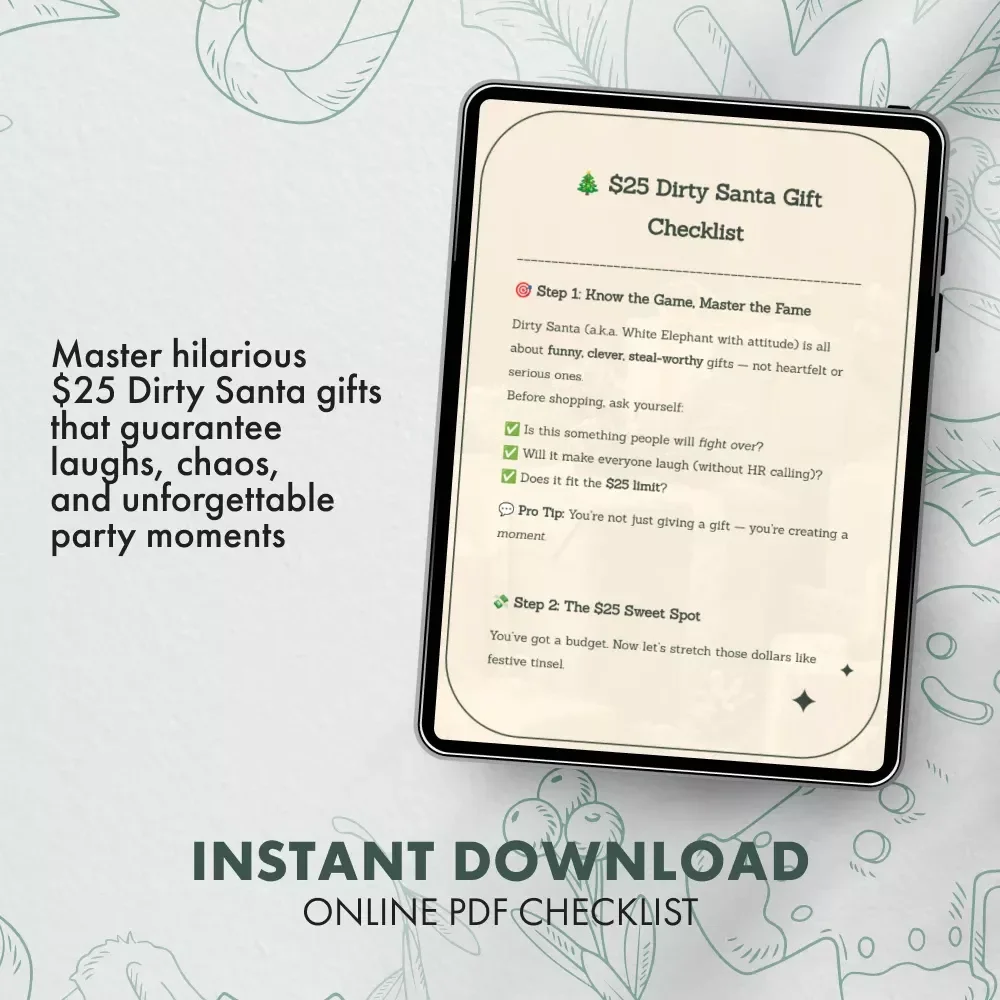 $25 Dirty Santa Gift Checklist | Funny, Clever, and Steal-Worthy Dirty Santa Gift Idea $25 | Printable Digital Download Party Guide
