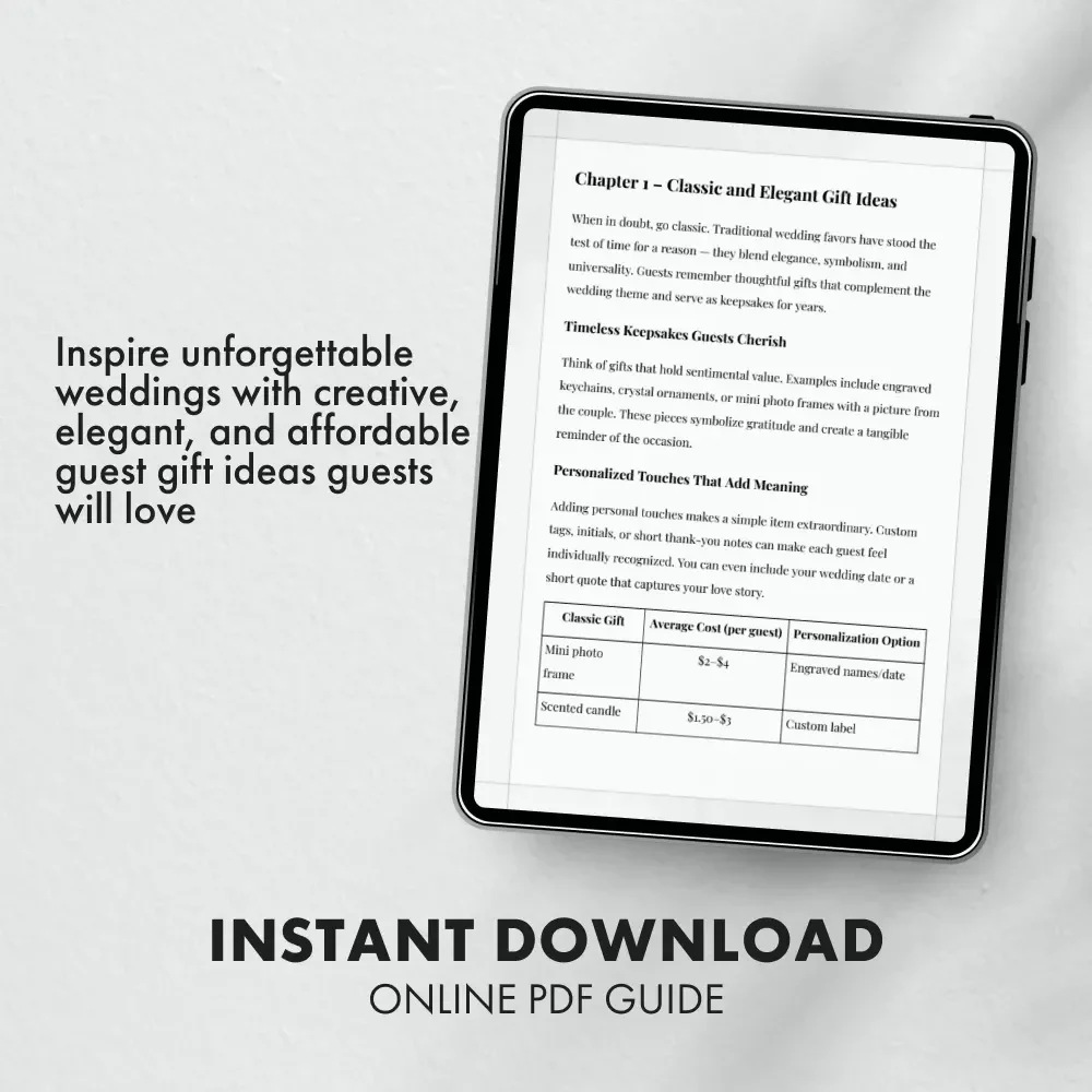 Memorable Wedding Guest Gifts | Digital Guide for Couples | gift idea for wedding guests | Elegant, Creative & Budget-Friendly Wedding Favor Ideas eBook