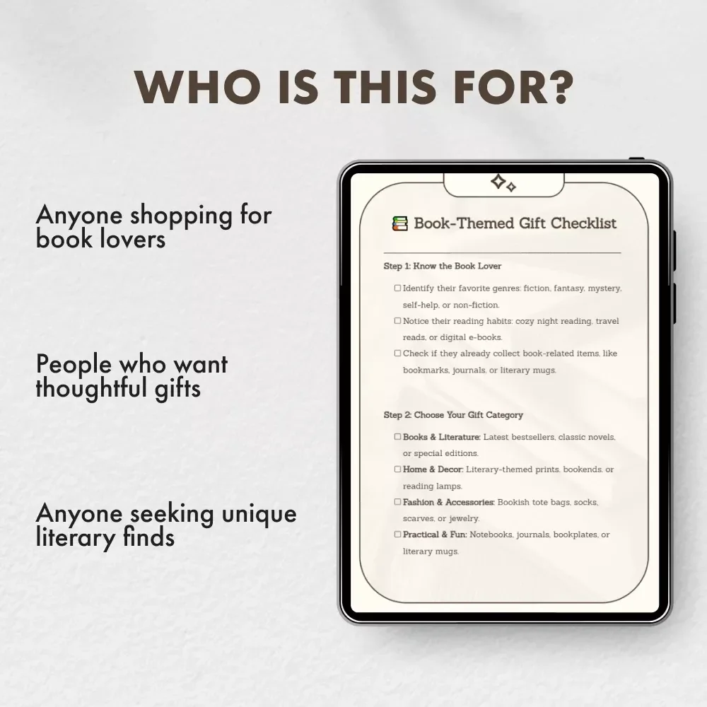 Book-Themed Gift Checklist | Printable Digital Download | Book Lover Gift Guide | Book Themed Gifts Ideas for Readers