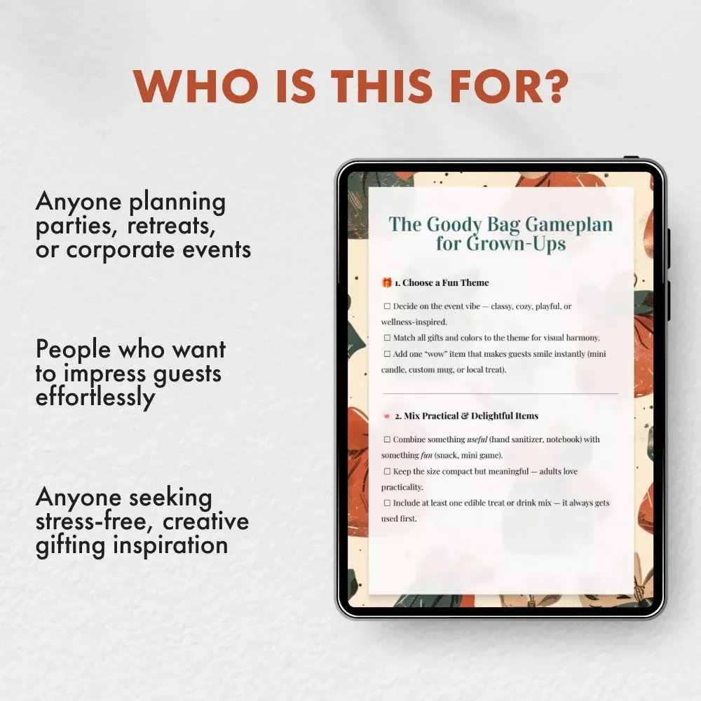 The Goody Bag Gameplan for Grown-Ups | Printable Checklist for Goody Bag Gift Ideas for Adults | Digital Download Party Planning Guide