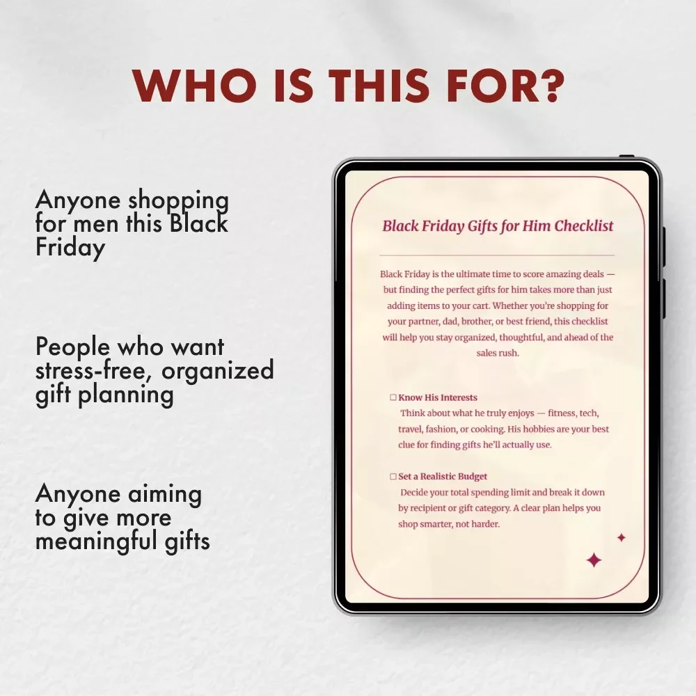 Black Friday Gifts for Him Checklist | Ultimate Digital Download Gift Planning Guide for Men | Holiday Shopping Organizer Printable for Boyfriend, Husband, Dad & Friends | Black Friday Gifts for Him Checklist