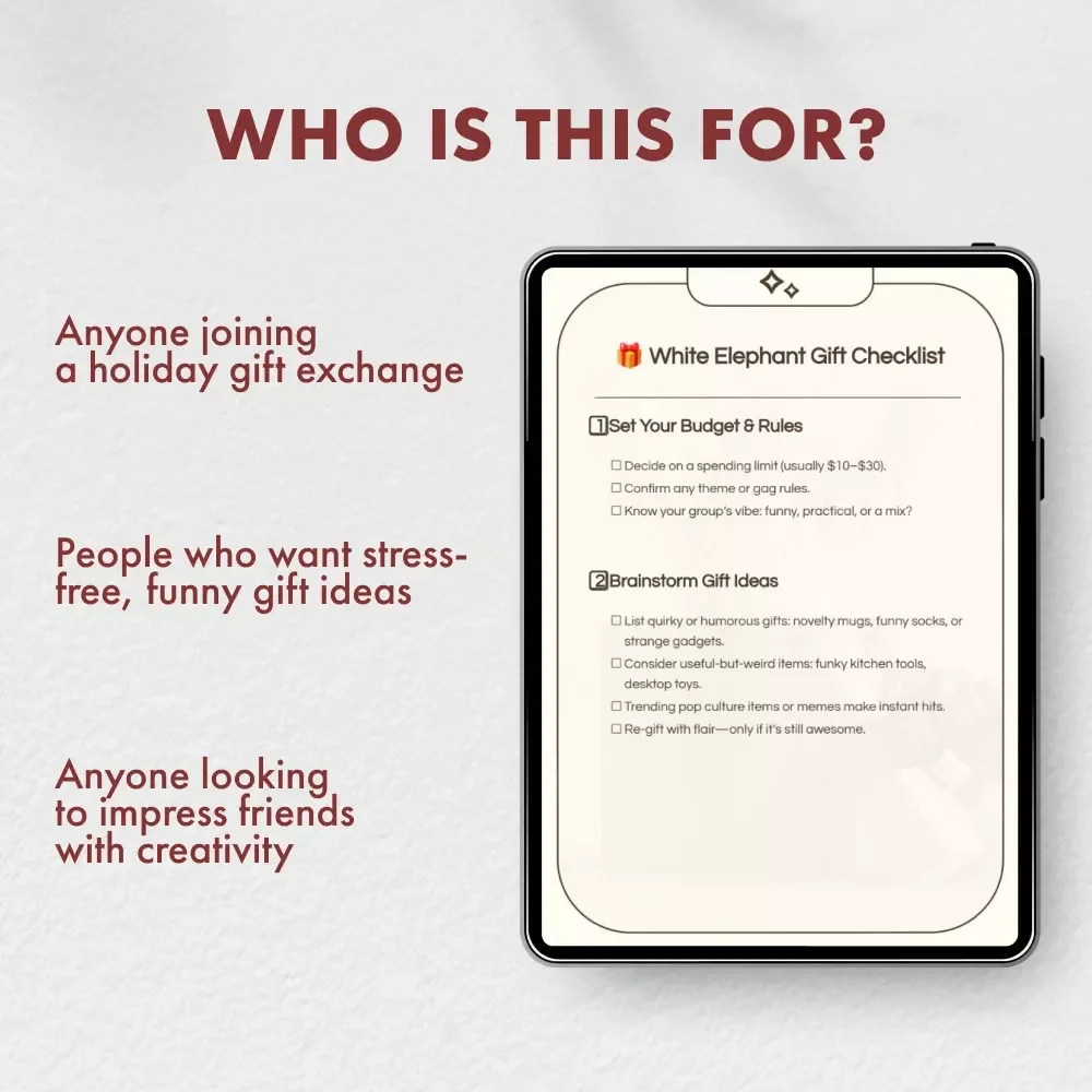 White Elephant Gift Checklist | Printable Holiday Party Planner | Funny White Elephant Gift Ideas for Adults | Digital Download Checklist & eBook