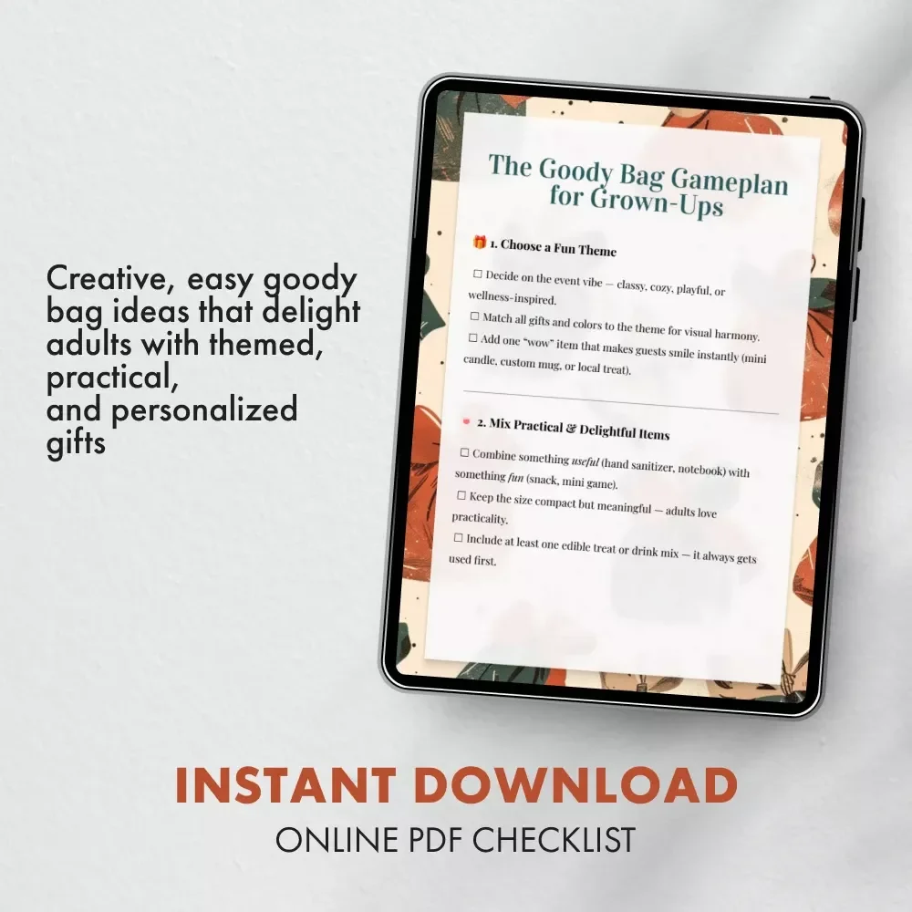 The Goody Bag Gameplan for Grown-Ups | Printable Checklist for Goody Bag Gift Ideas for Adults | Digital Download Party Planning Guide