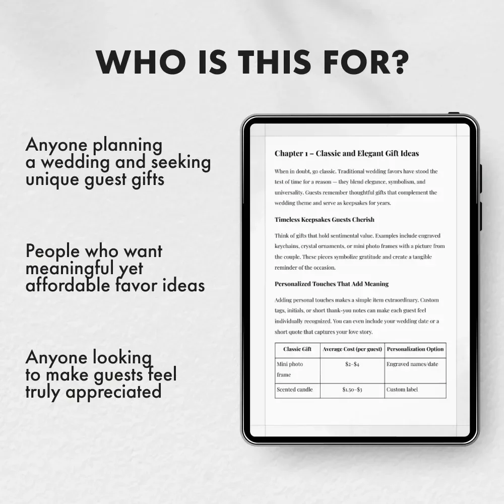 Memorable Wedding Guest Gifts | Digital Guide for Couples | gift idea for wedding guests | Elegant, Creative & Budget-Friendly Wedding Favor Ideas eBook