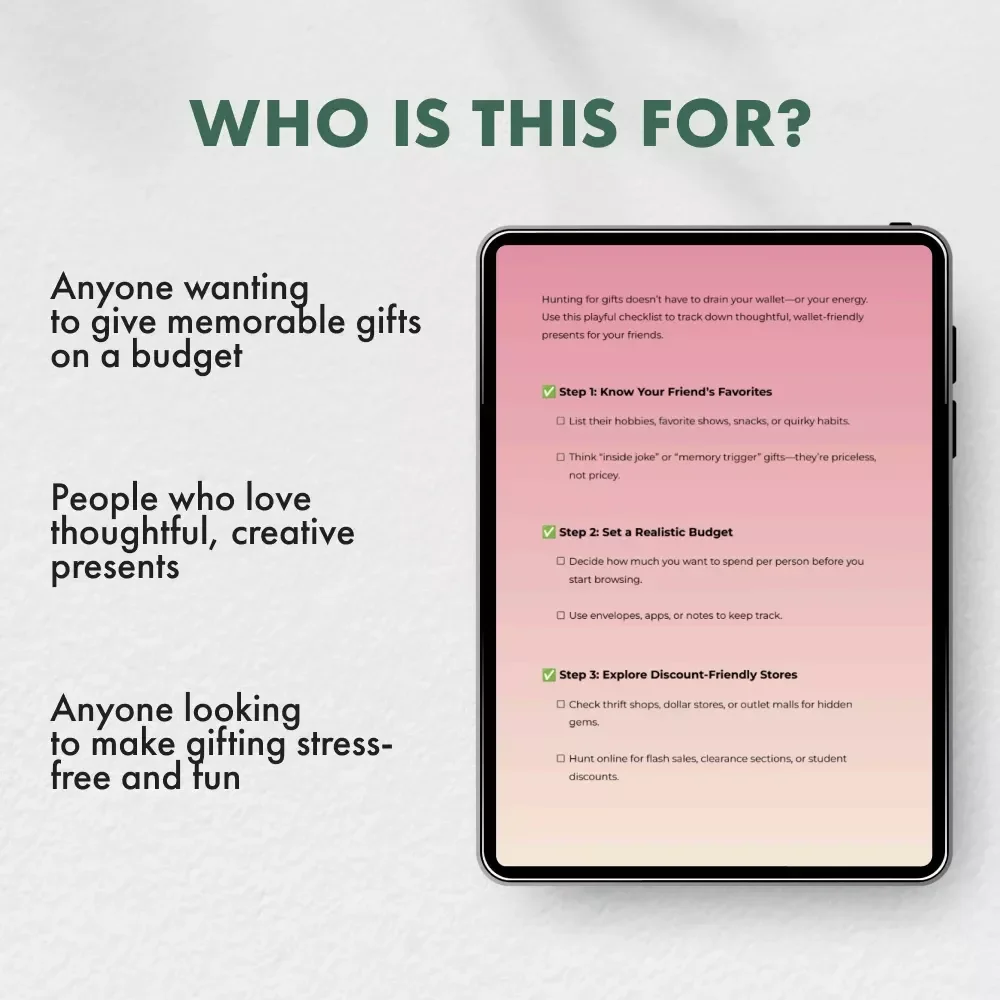 Find Fun Gifts Without Breaking the Bank | Budget-Friendly Gift Ideas Checklist | How to Find Budget Gifts for Friends | Printable Digital Download for Thoughtful Givers
