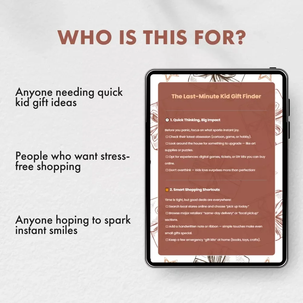 The Last-Minute Kid Gift Finder | Printable Checklist for Parents | Digital Download Guide on How to Find Gifts for Kids Last-Minute | Quick, Creative, and Stress-Free Gifting Ideas