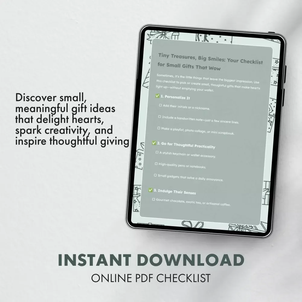 Tiny Treasures, Big Smiles: Your Checklist for Small Gifts That Wow | Printable Digital Download | Tips for Small Gifts That Make a Big Impact | Gift Ideas Guide for Thoughtful Givers