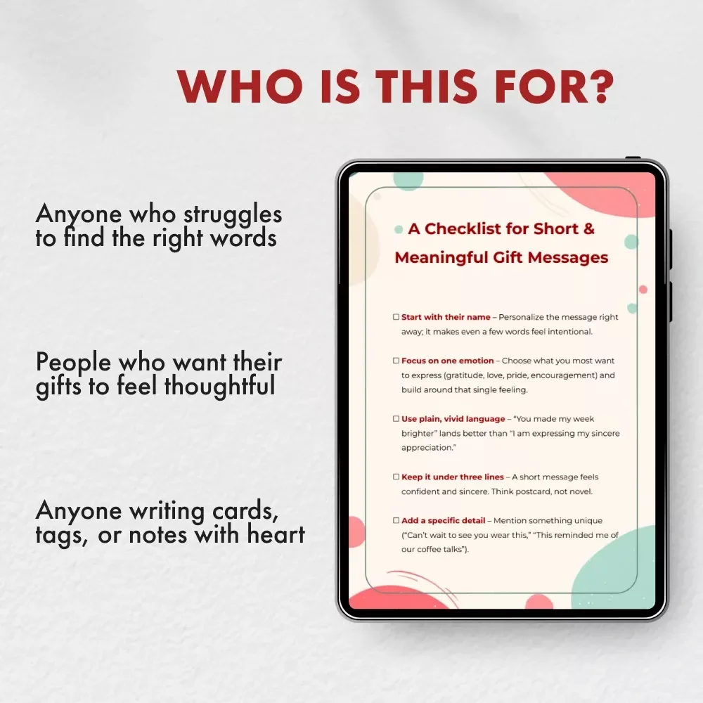 A Checklist for Short & Meaningful Gift Messages | Digital Download for Heartfelt Notes, Writing Tips & Inspiration | Printable Guide with Tips for Short and Meaningful Gift Messages