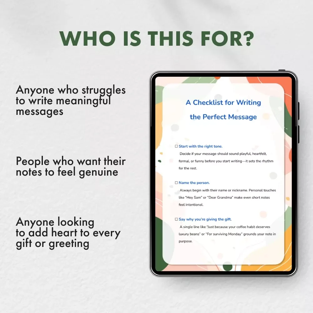 A Checklist for Writing the Perfect Message | Digital Download for Thoughtful Gift Notes | Best Phrases for Gift Notes & Meaningful Messages