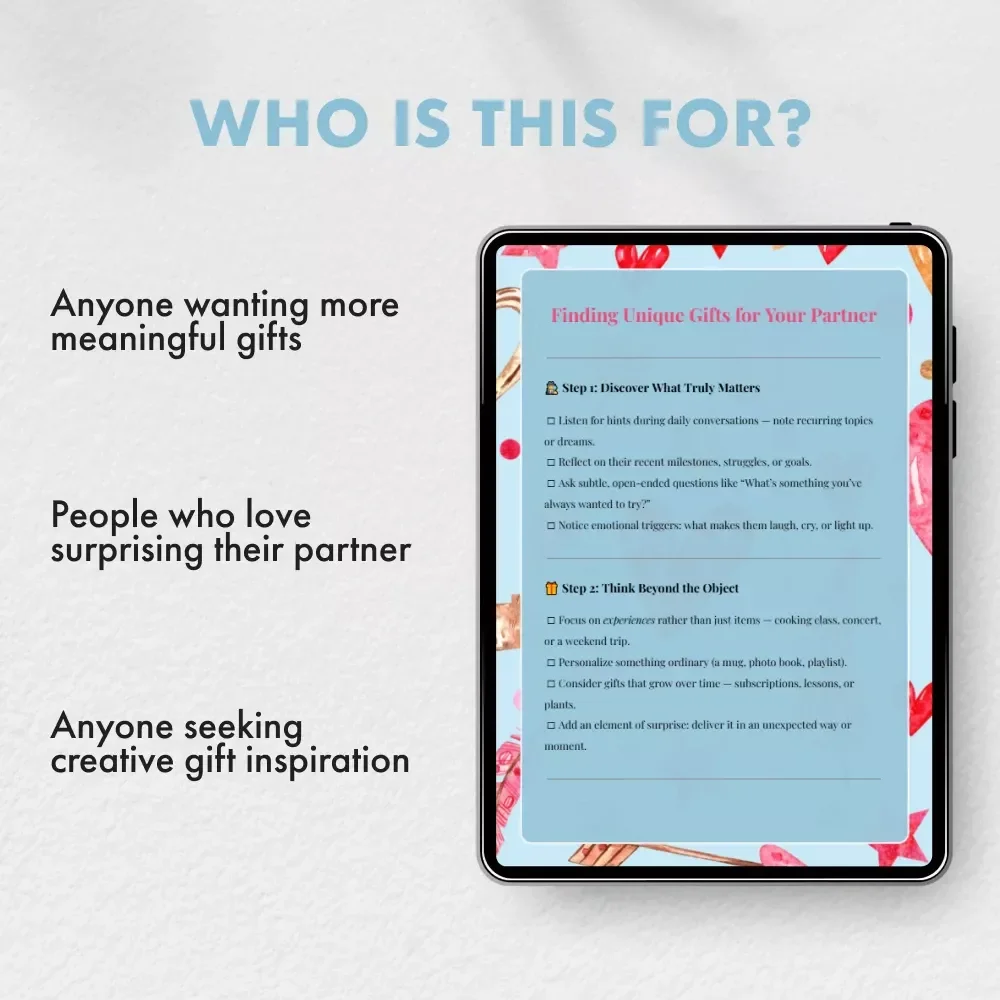 Finding Unique Gifts for Your Partner Checklist | How to Find Unique Gifts for Your Partner | Romantic Gift Ideas Guide for Him or Her | Creative Relationship Gift Planner (Digital Download)
