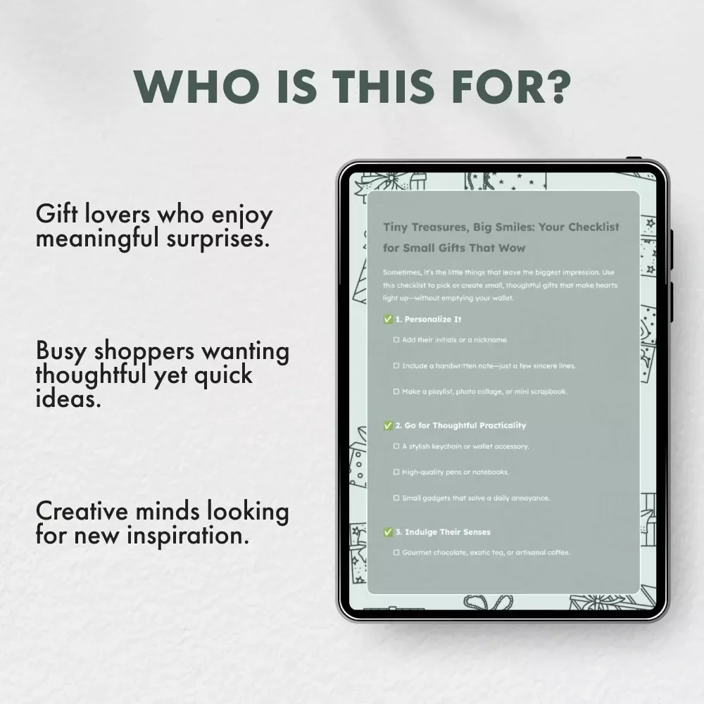Tiny Treasures, Big Smiles: Your Checklist for Small Gifts That Wow | Printable Digital Download | Tips for Small Gifts That Make a Big Impact | Gift Ideas Guide for Thoughtful Givers