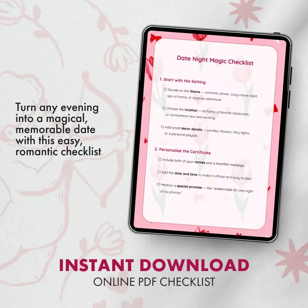 Date Night Magic Checklist | Printable Digital Download for Couples | Romantic Guide & what to include in a date night gift certificate | Perfect Valentine’s, Anniversary, or Surprise Gift Idea