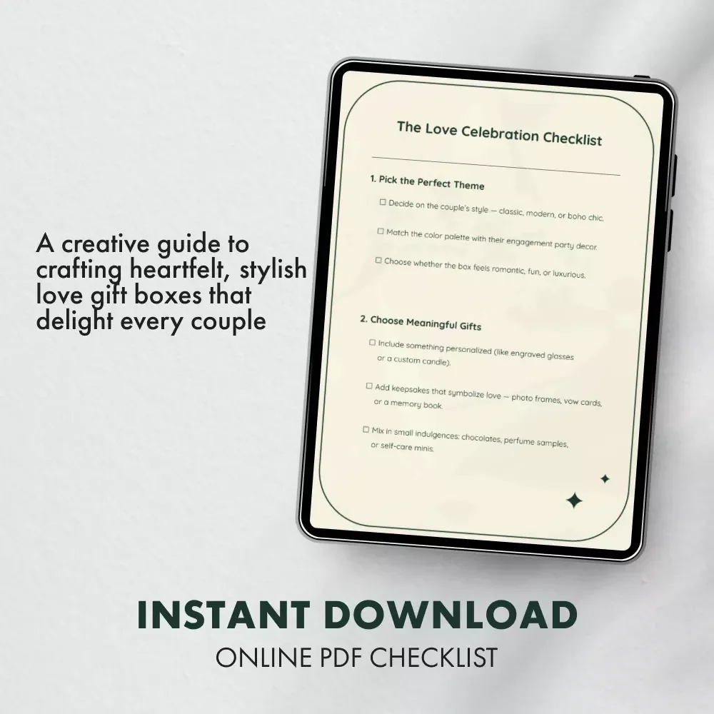The Love Celebration Checklist | Printable Engagement Gift Box Guide | Digital Download for Creating the Perfect Romantic Gift Box