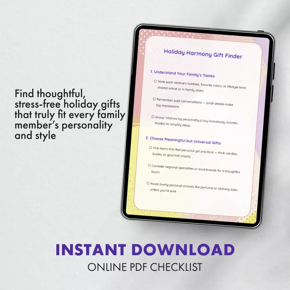 Holiday Harmony Gift Finder | Printable Holiday Gift Checklist | How to Pick Gifts for Distant Relatives for Holidays | Thoughtful Family Gift Ideas Guide