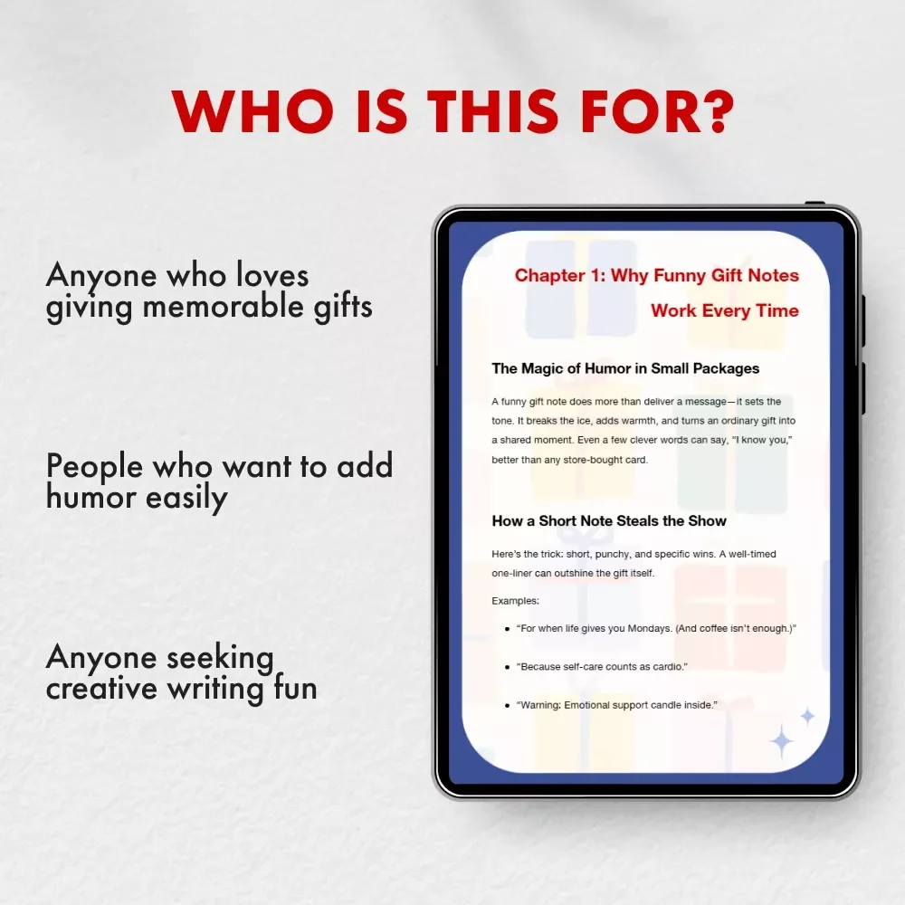 Laugh Lines on Gift Tags | How to Write Funny Gift Notes | Digital Download Guide for Clever Gift-Givers, Writers & Creators | eBook on Humor in Gifting