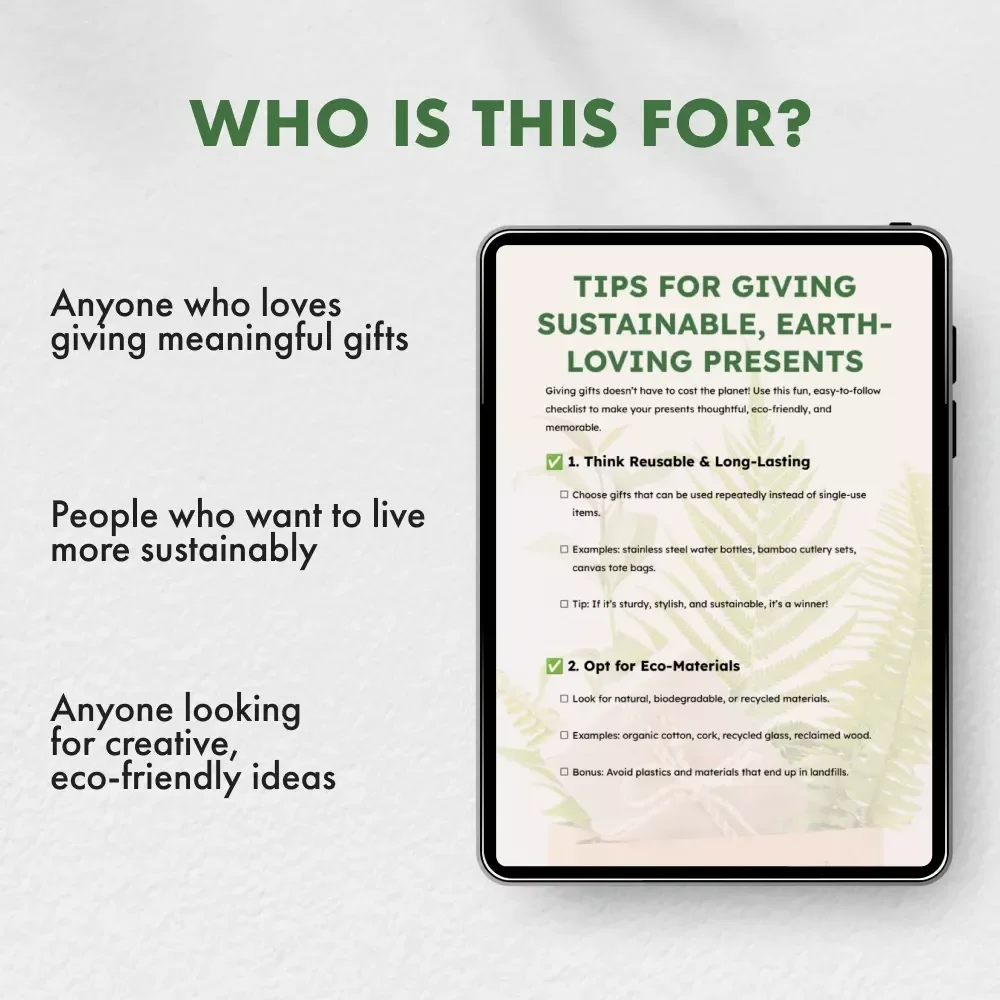 Tips for Giving Sustainable, Earth-Loving Presents | Eco-Friendly Gift Ideas Checklist | Digital Download for Green Living & Conscious Gift Giving