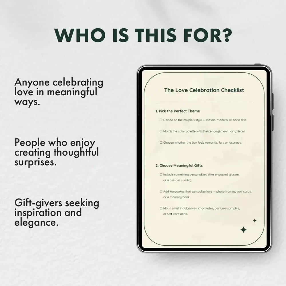 The Love Celebration Checklist | Printable Engagement Gift Box Guide | Digital Download for Creating the Perfect Romantic Gift Box