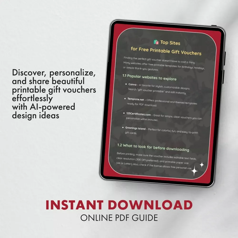 Gift Vouchers Made Simple | Printable Voucher Guide for Beginners | Where to Find Free Printable Gift Vouchers Online + Personalization & AI Design Tips