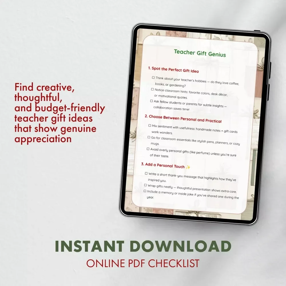 Teacher Gift Genius | Printable Teacher Gift Checklist | Tips for Gifts for Teachers | Digital Download Guide for Perfect Teacher Appreciation Ideas