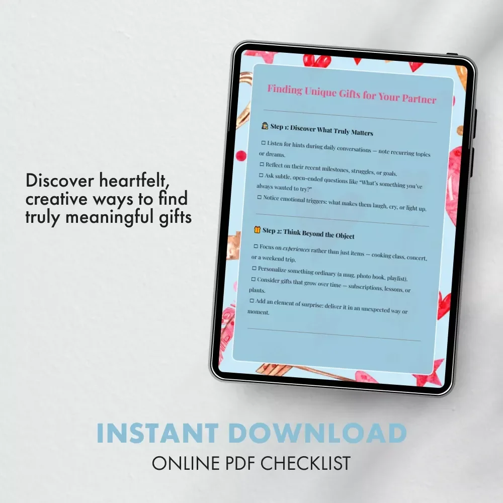 Finding Unique Gifts for Your Partner Checklist | How to Find Unique Gifts for Your Partner | Romantic Gift Ideas Guide for Him or Her | Creative Relationship Gift Planner (Digital Download)