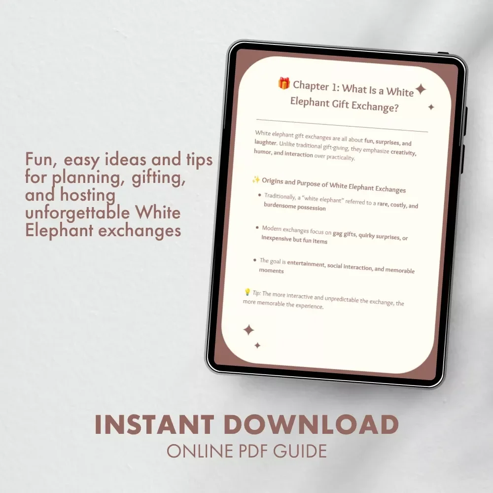 Gift Ideas for White Elephant | Fun Holiday Party eBook | Digital Guide with white elephant gift rules, Creative Exchange Ideas & Budget Tips | Printable PDF Download