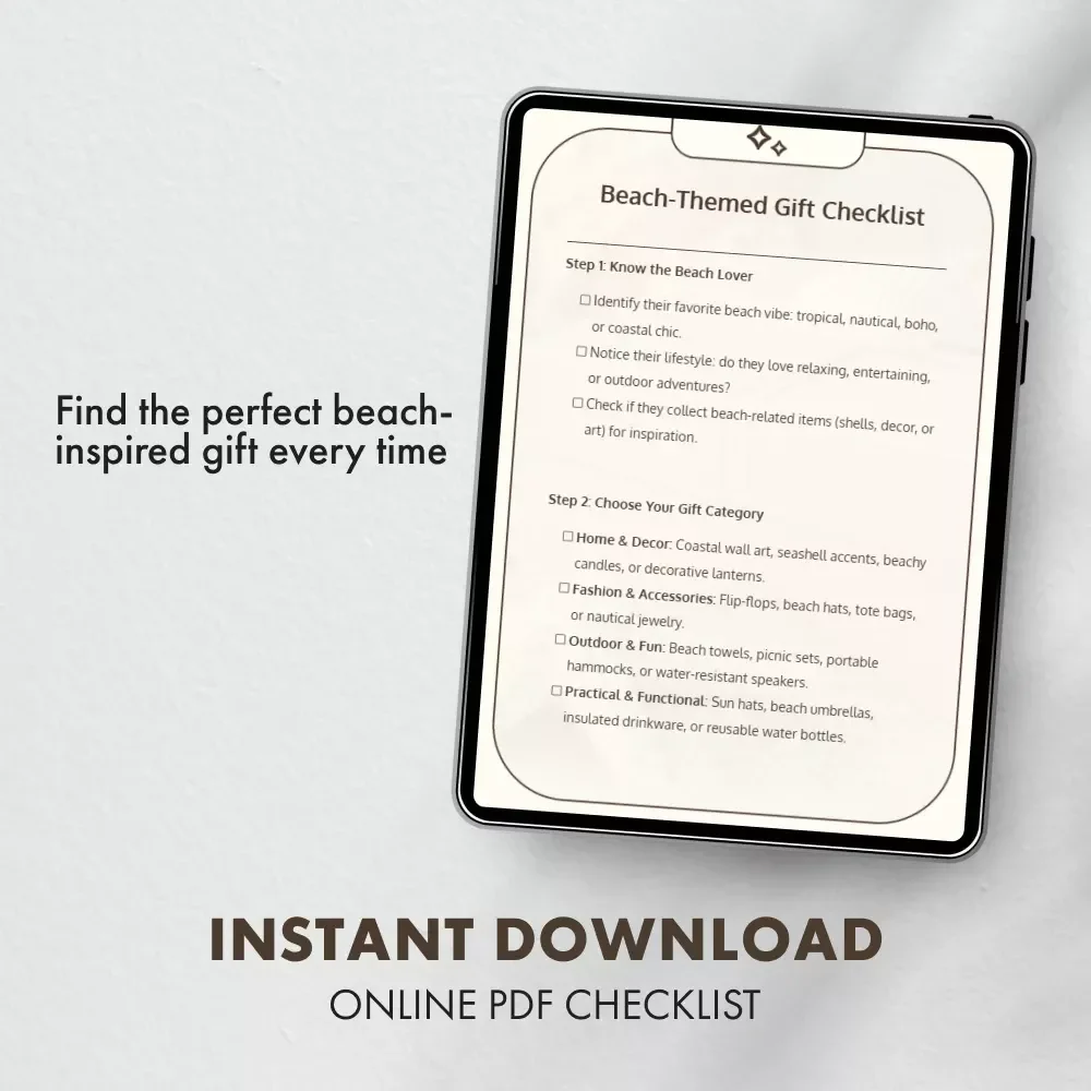 Beach-Themed Gift Checklist | Digital Beach Lover’s Guide for Unique Coastal, Tropical & Nautical Gift Ideas | Printable Beach Themed Gifts Planner