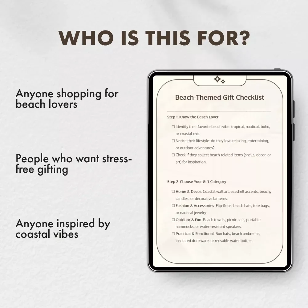 Beach-Themed Gift Checklist | Digital Beach Lover’s Guide for Unique Coastal, Tropical & Nautical Gift Ideas | Printable Beach Themed Gifts Planner